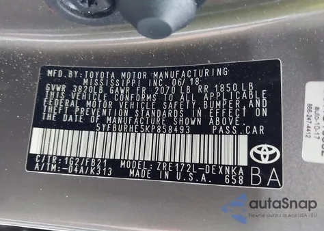 2019 Toyota Corolla Le from USA, damaged, VIN 5YFBURHE5KP858493